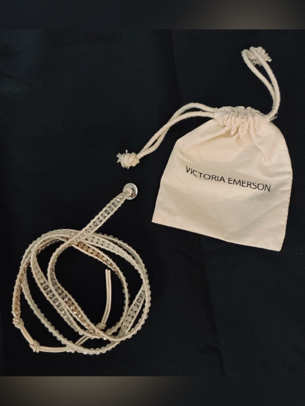 Victoria Emerson Cream and Gold Wrap Bracelet with Drawstring Pouch New